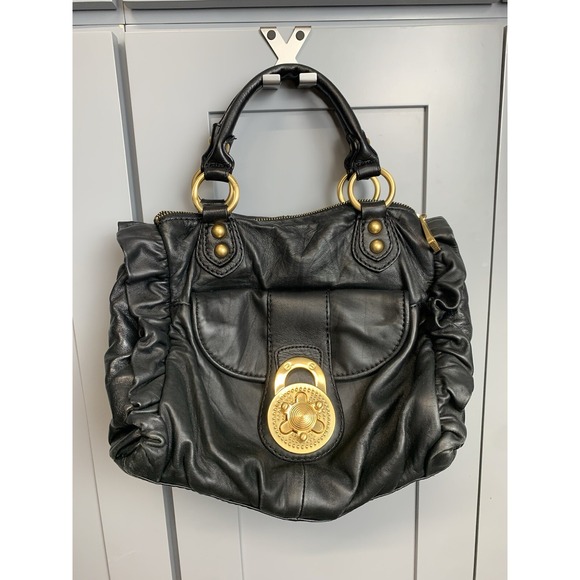 STEVEN BY STEVE MADDEN GENUINE LEATHER "LADY LOCK" BLACK HANBAG Rare‎ Gotic Y2K - Picture 1 of 15
